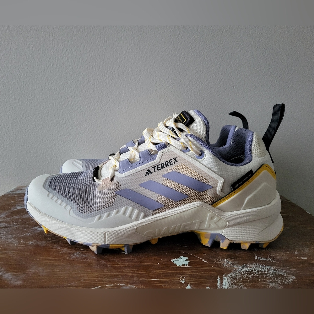 NEW ADIDAS Terrex National Geographic hiking shoes in white, purple and yellow.